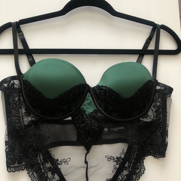 ❤️SOLD❤️Oh La La Cheri Paulette Lace Trim Satin Thong Bodysuit Black Green - Picture 6 of 13